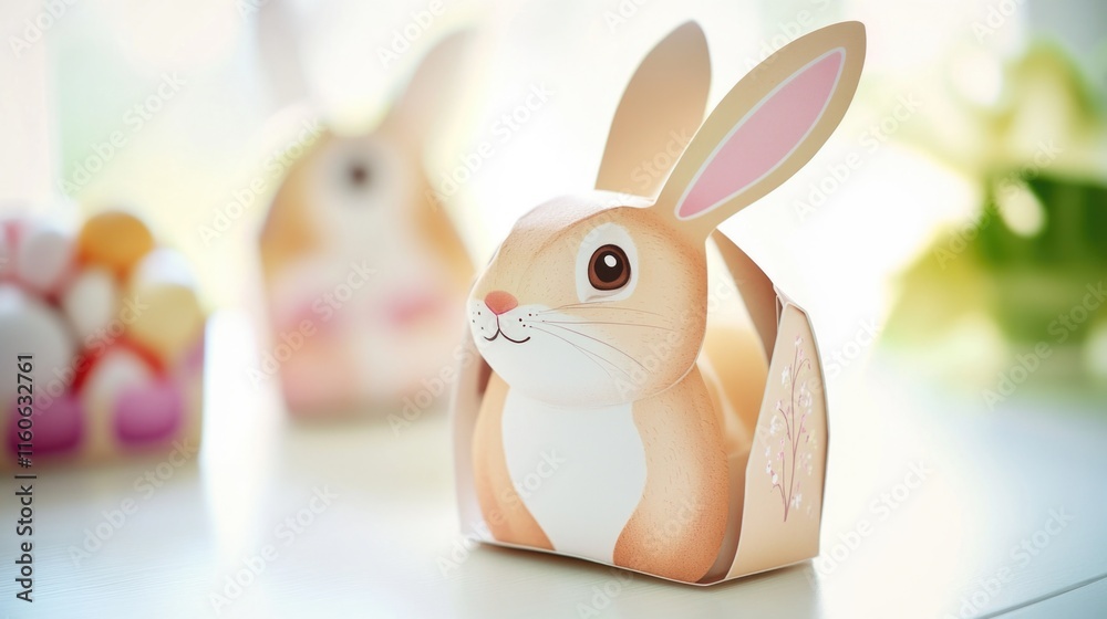 A paper bunny perched on a table, ready for display or play A paper bunny perched on a table, ready for display or play