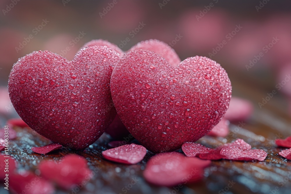 Fototapeta premium Two red heart-shaped candies sit on a wooden table, perfect for decorative use or as a symbol of love