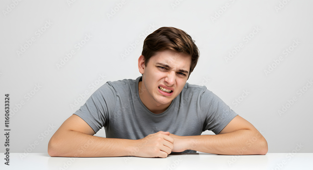 Frustrated Young Man Grey TShirt White Table Background Frustrated Young Man Grey TShirt White Table Background