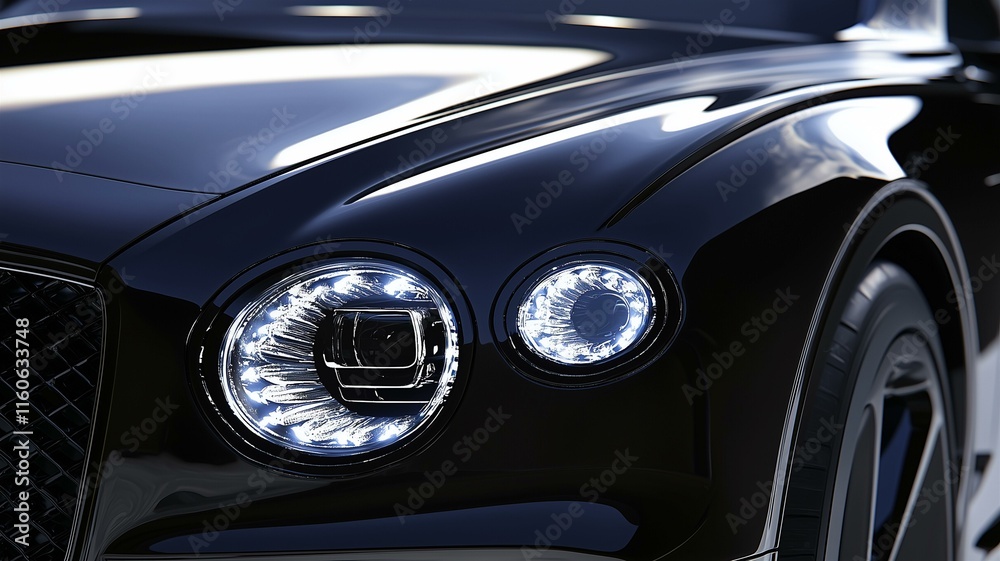 luxury car headlight close-up with LED lights and sleek hood design in photorealistic detail luxury car headlight close-up with LED lights and sleek hood design in photorealistic detail