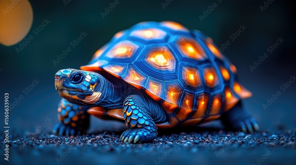 Fototapeta premium Illuminated turtle shell, glowing, vibrant colors, dark background.