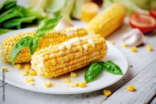 A simple yet healthy meal on a white plate, featuring corn and various vegetables photo