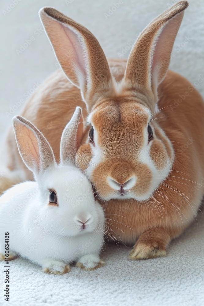 Two rabbits sitting side by side, possibly friends or mates Two rabbits sitting side by side, possibly friends or mates