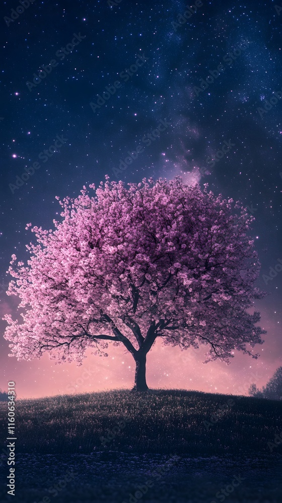 A magnificent and beautiful cherry blossom tree standing alone, with a beautiful view of the stars in the night sky A magnificent and beautiful cherry blossom tree standing alone, with a beautiful view of the stars in the night sky