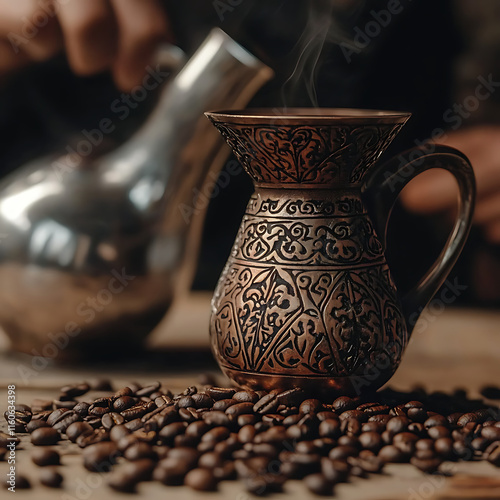 A Close-Up of a Beautifully Crafted Turkish Coffee Pot with Intricate Designs and Scattered Brown Coffee Beans on the Table. Blurred Background Shows Motion of a Second Silver Coffee Pot photo