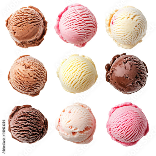 Delicious Ice Cream Scoops in Bowl, Top View, Isolated on transparent  background Sweet Treat, Summer Dessert