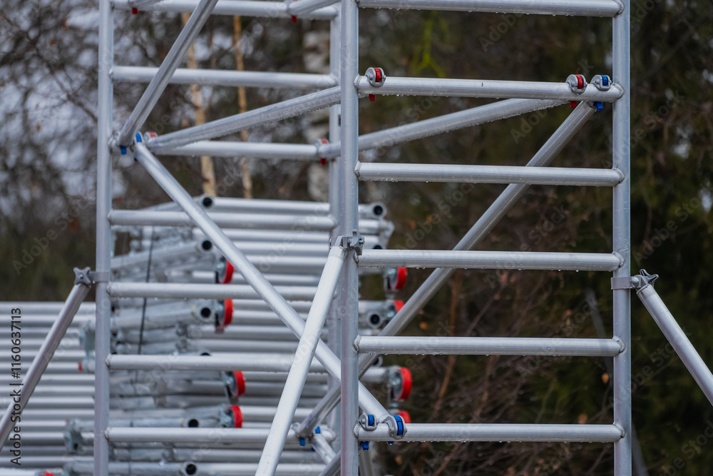 Scaffolding aluminium towers warehouse outdoors Scaffolding aluminium towers warehouse outdoors