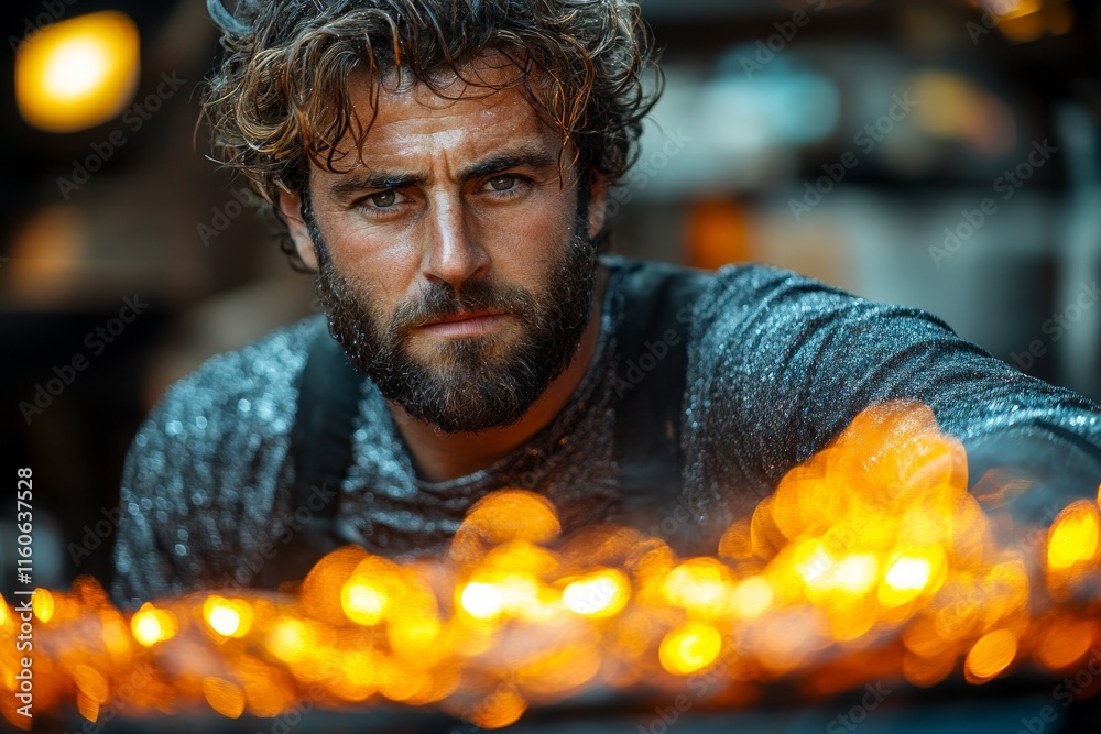 A glass artist in the workshop forms molten glass. Generative AI A glass artist in the workshop forms molten glass. Generative AI