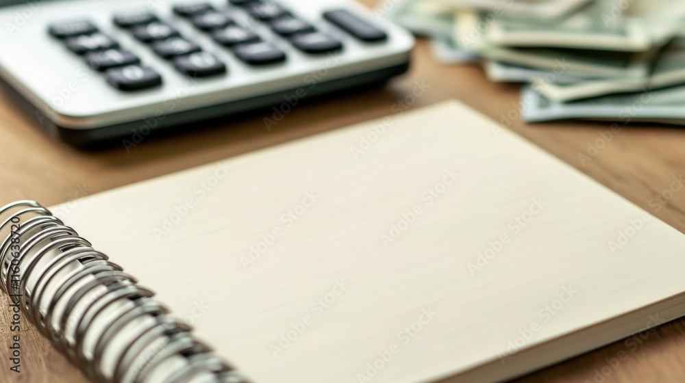 A notebook and a calculator sit on a table ready for use A notebook and a calculator sit on a table ready for use