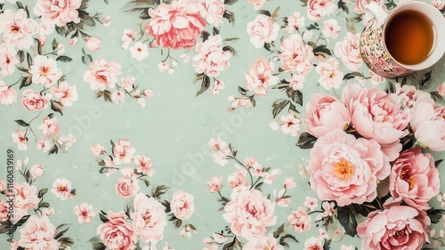 Wallpaper Mural Floral Tea Party Pastel Peonies Teacup on Vintage Floral Tablecloth Torontodigital.ca