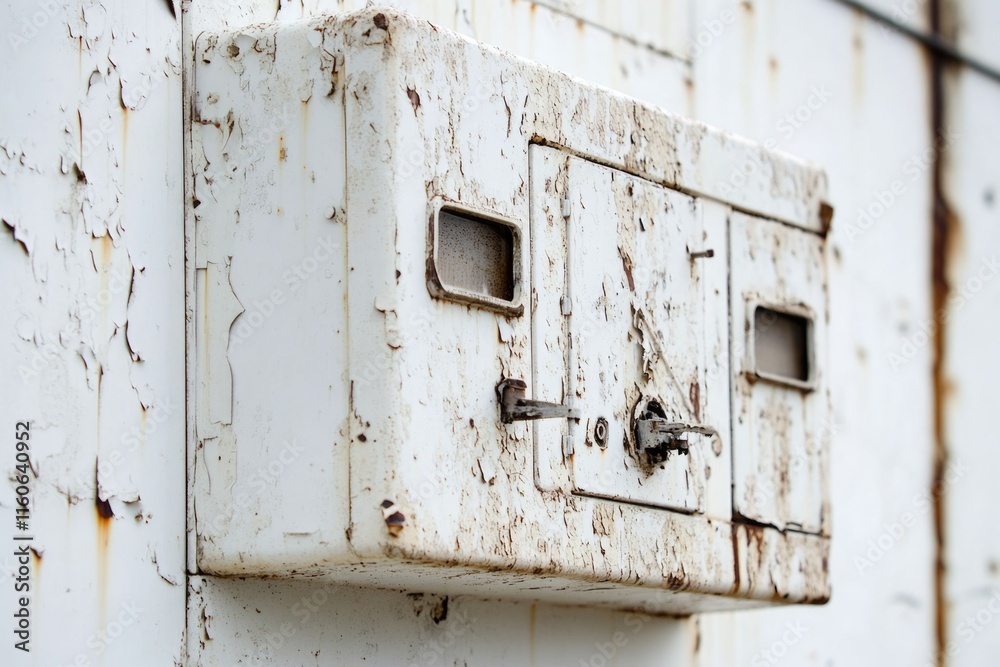 An old white electrical box attached to the side of a building An old white electrical box attached to the side of a building