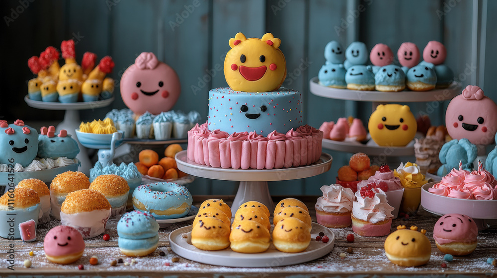 colorful display of emoji themed desserts, including centerpiece cake, doughnuts, cupcakes, and macarons, all decorated with cheerful faces and vibrant pastel colors colorful display of emoji themed desserts, including centerpiece cake, doughnuts, cupcakes, and macarons, all decorated with cheerful faces and vibrant pastel colors