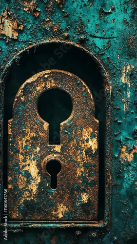 Old rusty lock on weathered blue wooden door with peeling paint creating a sense of history and character