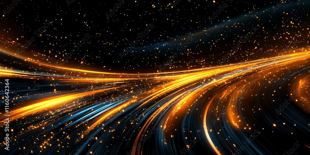 Fototapeta premium Abstract glowing orange and blue light trails on black background.