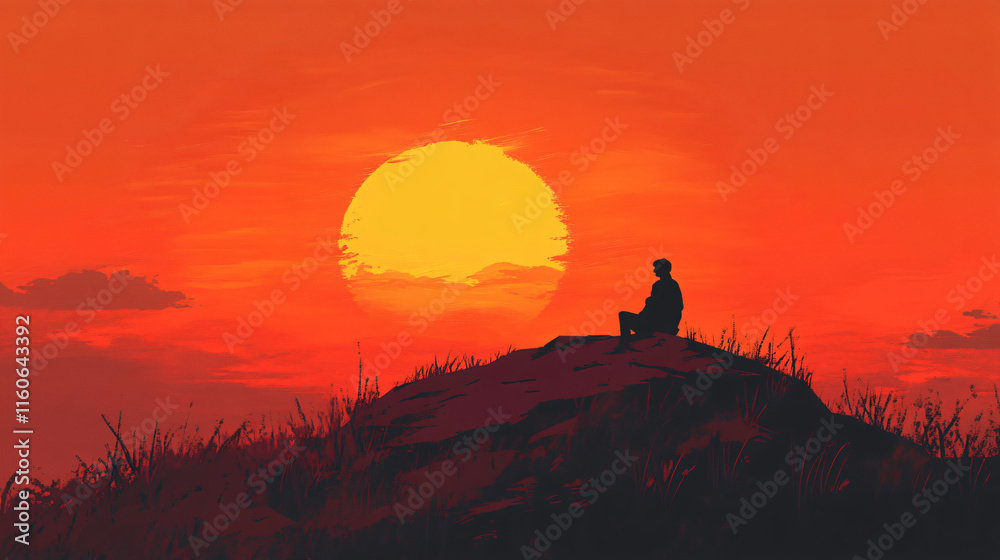 A lone person sits at the edge of a hill, lost in thought as the sun sinks below the horizon. A lone person sits at the edge of a hill, lost in thought as the sun sinks below the horizon.