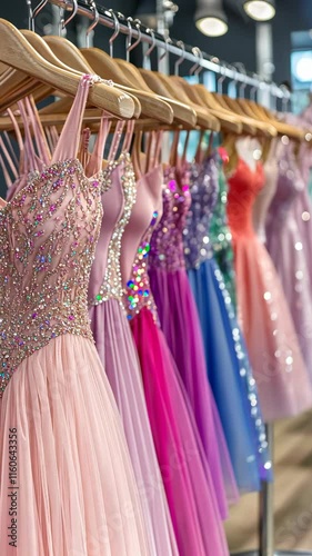Colorful dresses displayed in a boutique for special occasions during afternoon hours