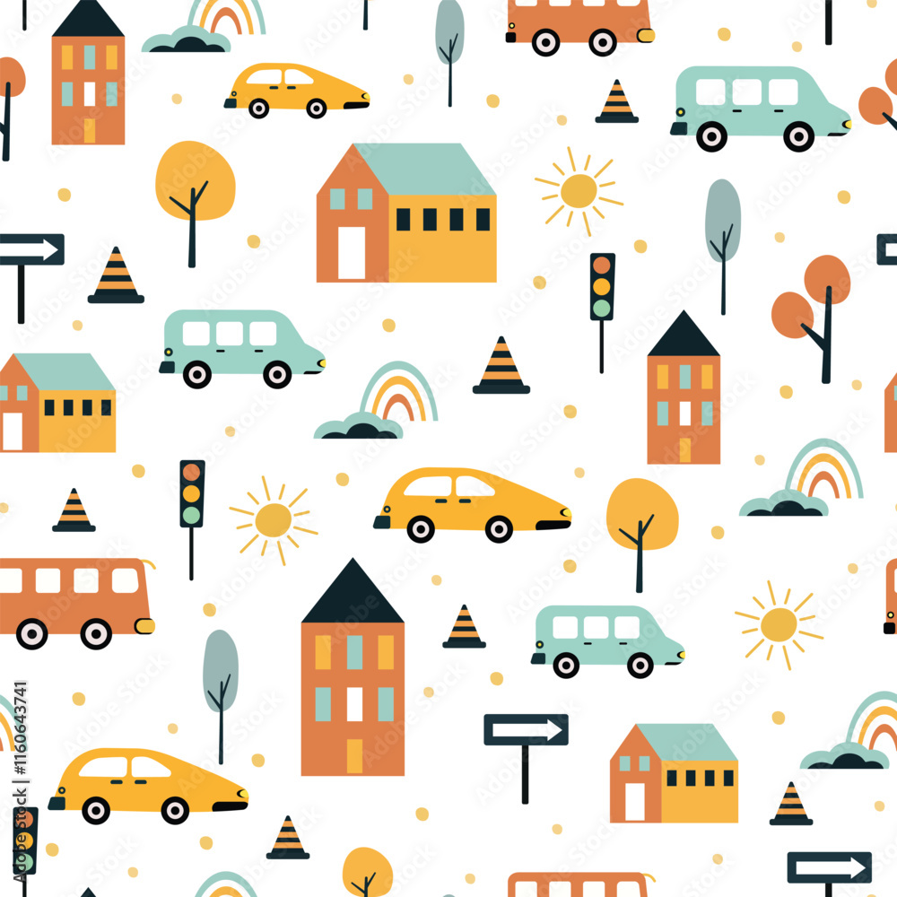 Obraz premium Cute children's seamless pattern with cars, traffic lights and road signs on a white background. Illustration of highway in a cartoon style for Wallpaper, fabric, and textile design. Vector
