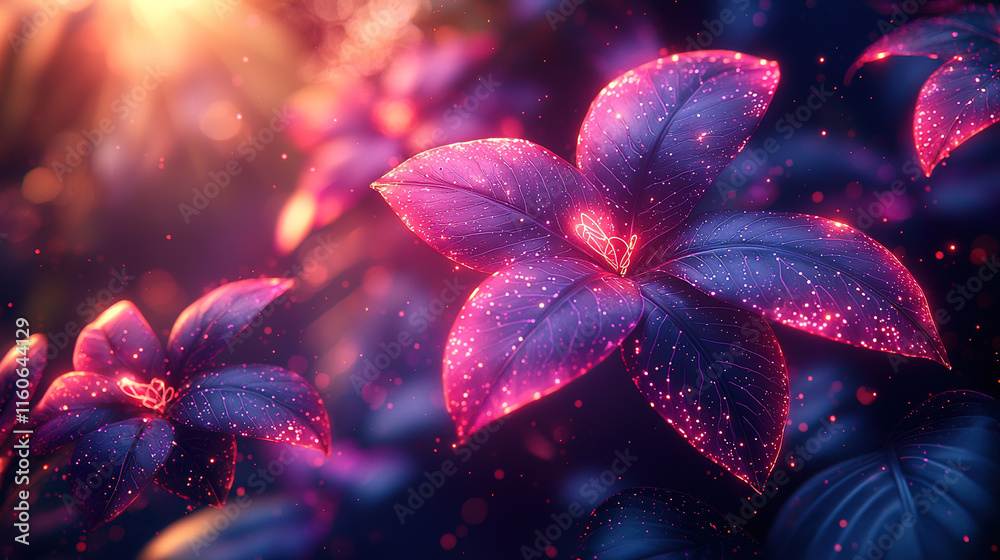 Abstract glowing neon botanical shapes like leaves and flowers in electric greens and purples, symbolizing the fusion of nature and technology in a surreal, innovative, and creative composition
Abstract glowing neon botanical shapes like leaves and flowers in electric greens and purples, symbolizing the fusion of nature and technology in a surreal, innovative, and creative composition