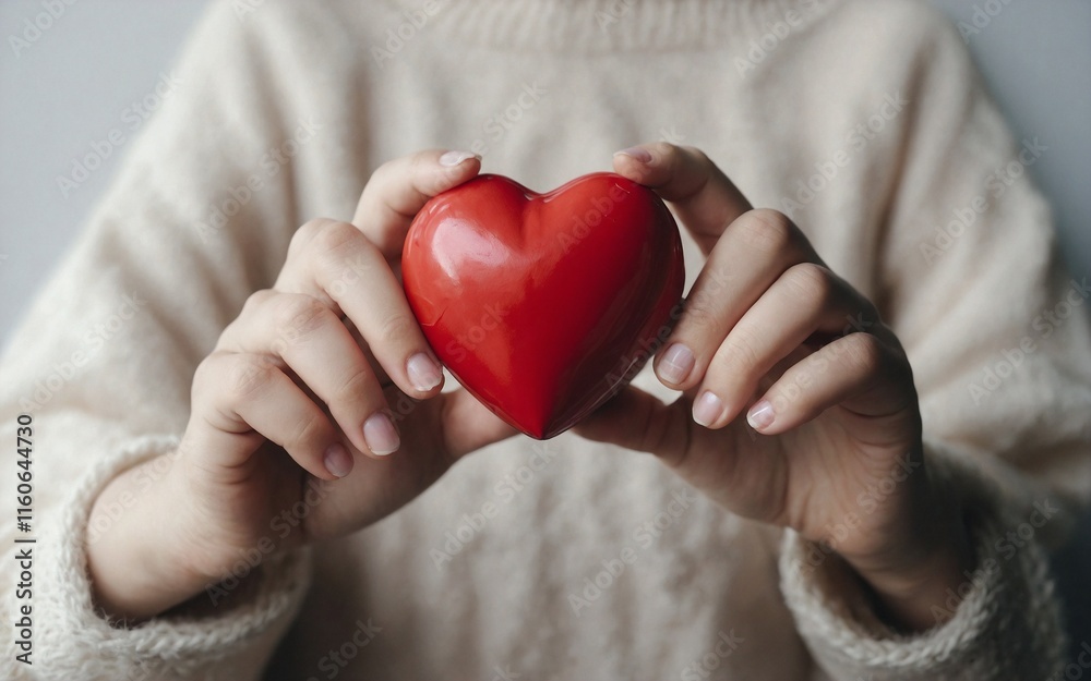 Red heart on the girl hand. Symbol of support that expresses love. Caring, Valentine day and world heart day, heart health concept
Red heart on the girl hand. Symbol of support that expresses love. Caring, Valentine day and world heart day, heart health concept