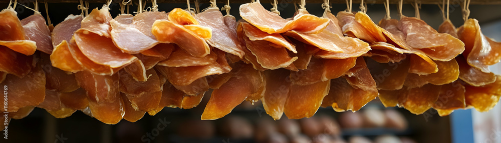 Dried Meat Production: A Realistic Photo of Hanging Jerky Dried Meat Production: A Realistic Photo of Hanging Jerky