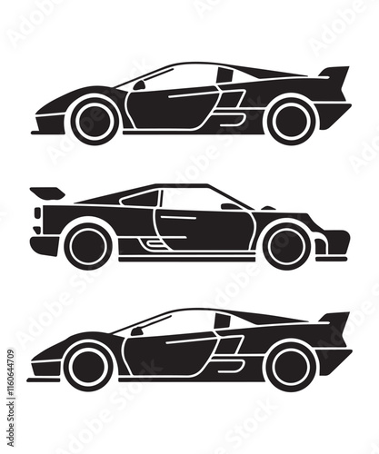 Convertible Car Icon Collection in Black Solid Shapes and Minimal Style