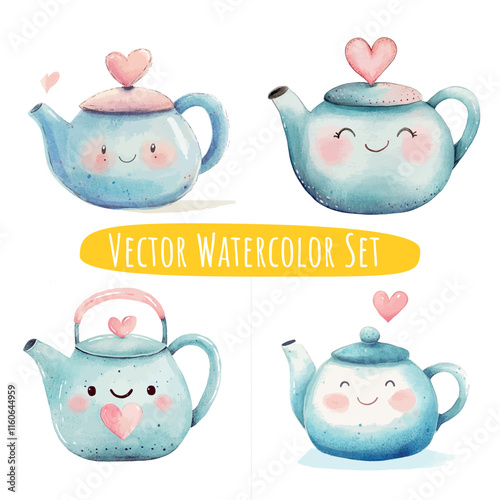Whimsical Watercolor Teapots Set of Four
