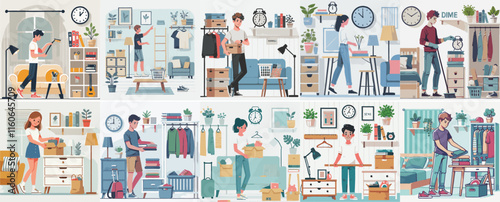 Vector set of a teenager arranging a room with a simple flat design style