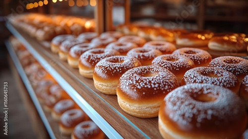 Rows of sugared donuts on bakery shelves. photo