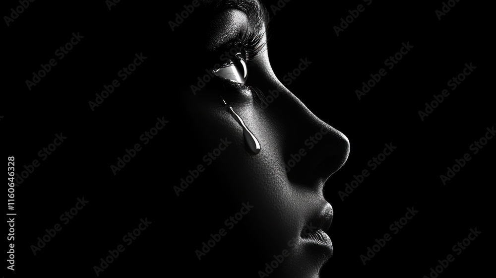 Profile of a Woman with Tear in Dramatic Black and White Contrast Profile of a Woman with Tear in Dramatic Black and White Contrast