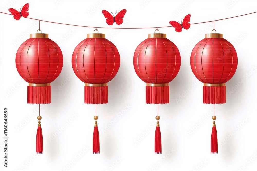 Festive Chinese New Year Lanterns Cherry Blossoms Butterflies Festive Chinese New Year Lanterns Cherry Blossoms Butterflies