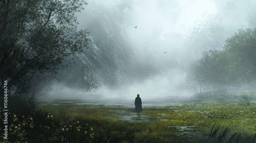A lone traveler stands in a foggy meadow, contemplating the mysteries of life and existence. A lone traveler stands in a foggy meadow, contemplating the mysteries of life and existence.