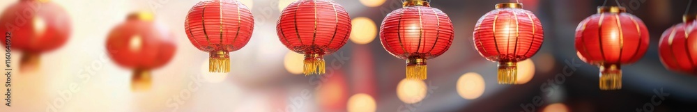 Fototapeta premium Festive Red Lanterns Chinese New Year Celebration Holiday Lights Asian Culture Sunset Glow