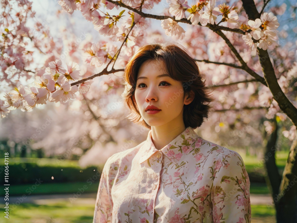 a woman standing under a tree with pink flowers a woman standing under a tree with pink flowers