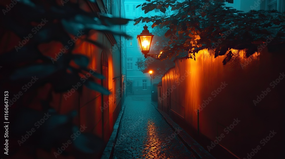 Obraz premium Misty cobblestone alley at night, illuminated by warm lamplight.