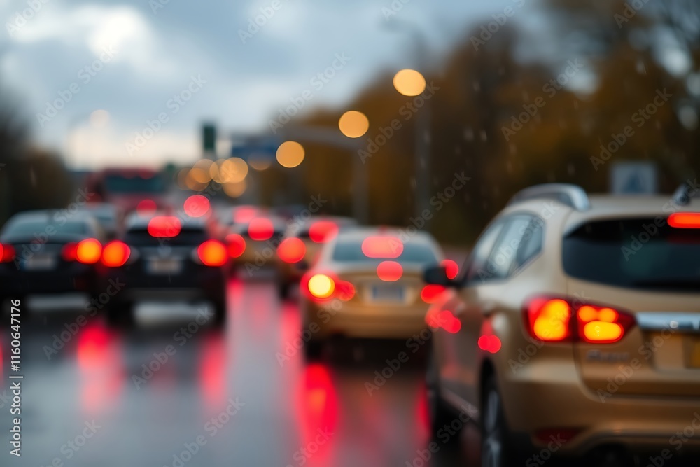Traffic jam heavy traffic on a rainy evening with blurred red lights bokeh and copy space Traffic jam heavy traffic on a rainy evening with blurred red lights bokeh and copy space