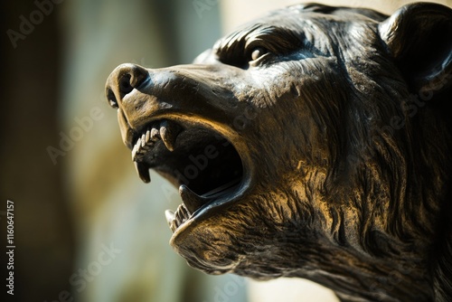 A bronze or stone sculpture of a bear with its mouth open, often used as decorative art or in symbolic contexts photo