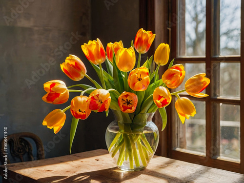 a vase of yellow and orange tulipps photo
