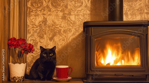 A cozy scene featuring a black cat sitting beside a warm fireplace adorned with red roses and a cup of tea, creating a peaceful ambiance. photo