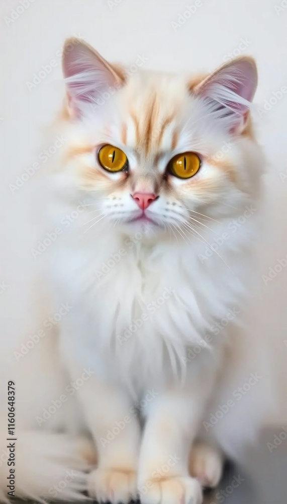 Persian cat with yellow eyes, pure white body, fluffy fur, sitting gracefully. Persian cat with yellow eyes, pure white body, fluffy fur, sitting gracefully.