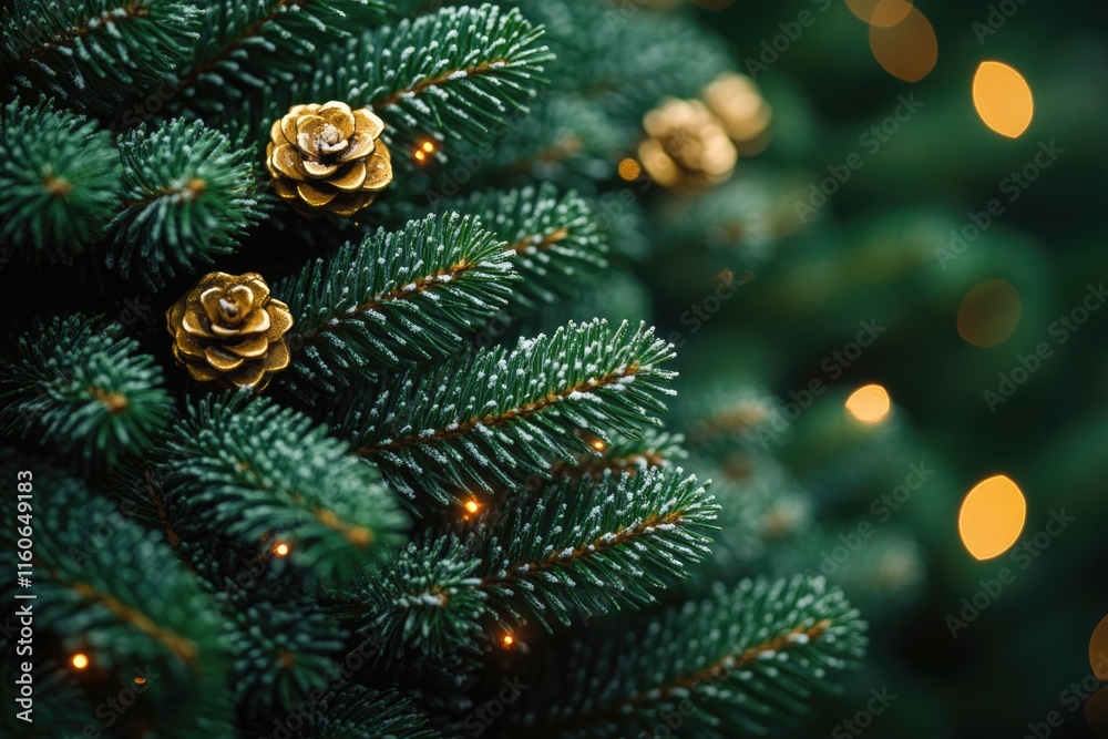A close-up view of a pine tree branch with soft lighting in the background, suitable for use in winter or holiday-themed designs A close-up view of a pine tree branch with soft lighting in the background, suitable for use in winter or holiday-themed designs