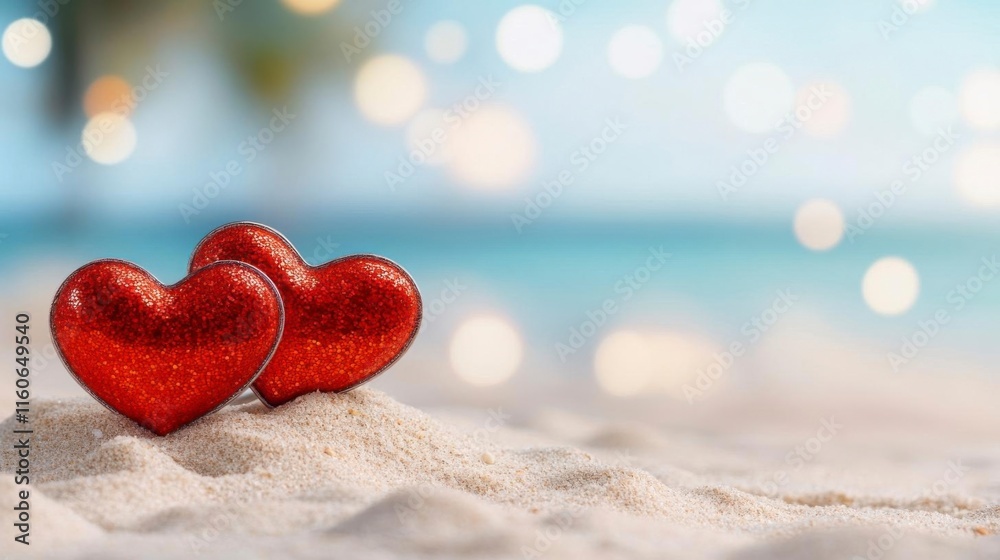 Fototapeta premium Two red glitter hearts rest gently on a sandy beach, bathed in soft, summer light. Romance at the shore.