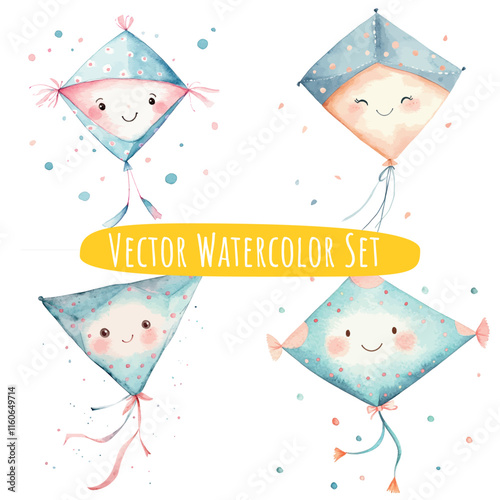 Watercolor Kites Set   Smiling Faces & Pastel Colors