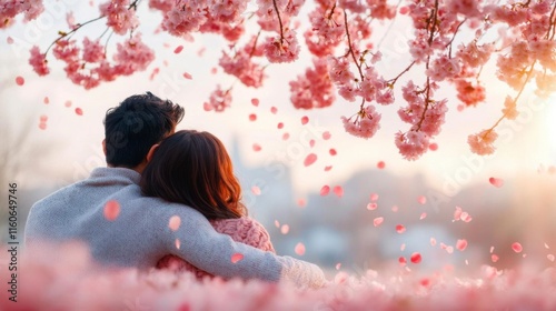 Couple embraces under falling cherry blossoms, serene sunset backdrop.  Romantic spring scene. photo