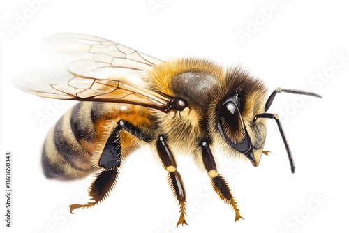 Close-up shot of a bee on a white background, great for scientific or educational purposes photo