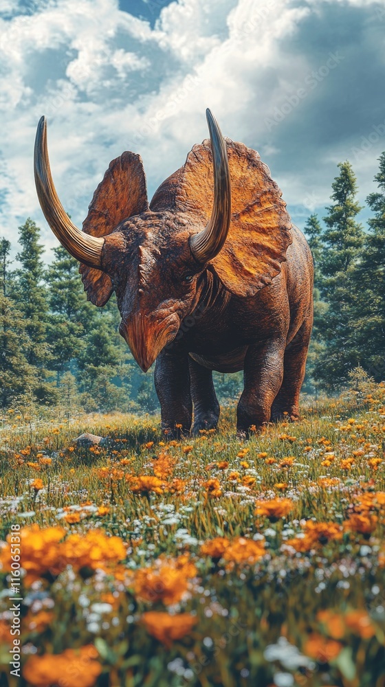 Fototapeta premium A dinosaur with large horns walks through a vibrant flower-filled meadow under a cloudy sky.