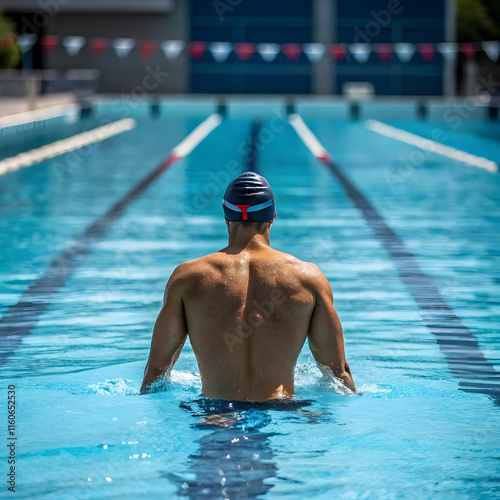 Male swimmer in the swimming pool. He practices one afternoon