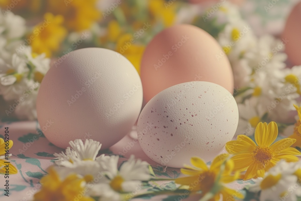 Group of eggs sitting on a colorful flower bed Group of eggs sitting on a colorful flower bed
