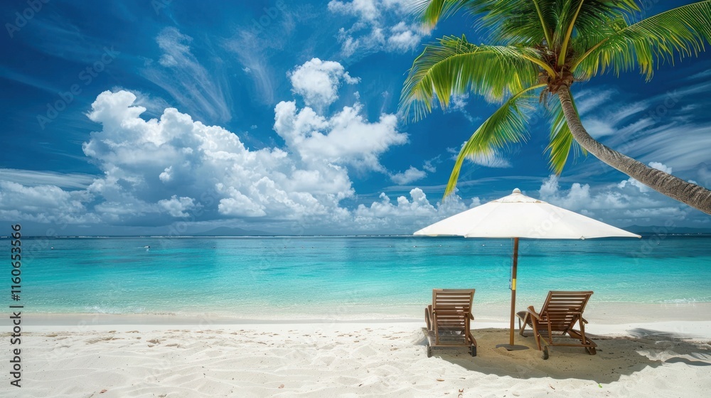 Fototapeta premium Tropical beach scene with two beach chairs and an umbrella under a palm tree. Beautiful turquoise water and white sand. Sunny day with fluffy clouds.