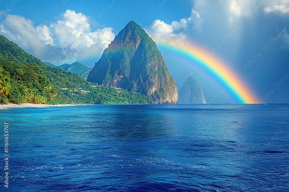 A colorful rainbow stretching across the ocean, with a majestic mountain rising in the background A colorful rainbow stretching across the ocean, with a majestic mountain rising in the background