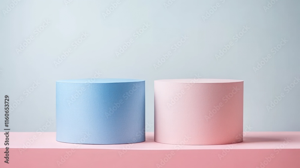 Two pastel cylinder podiums, light blue and pink, on a pink surface. Two pastel cylinder podiums, light blue and pink, on a pink surface.